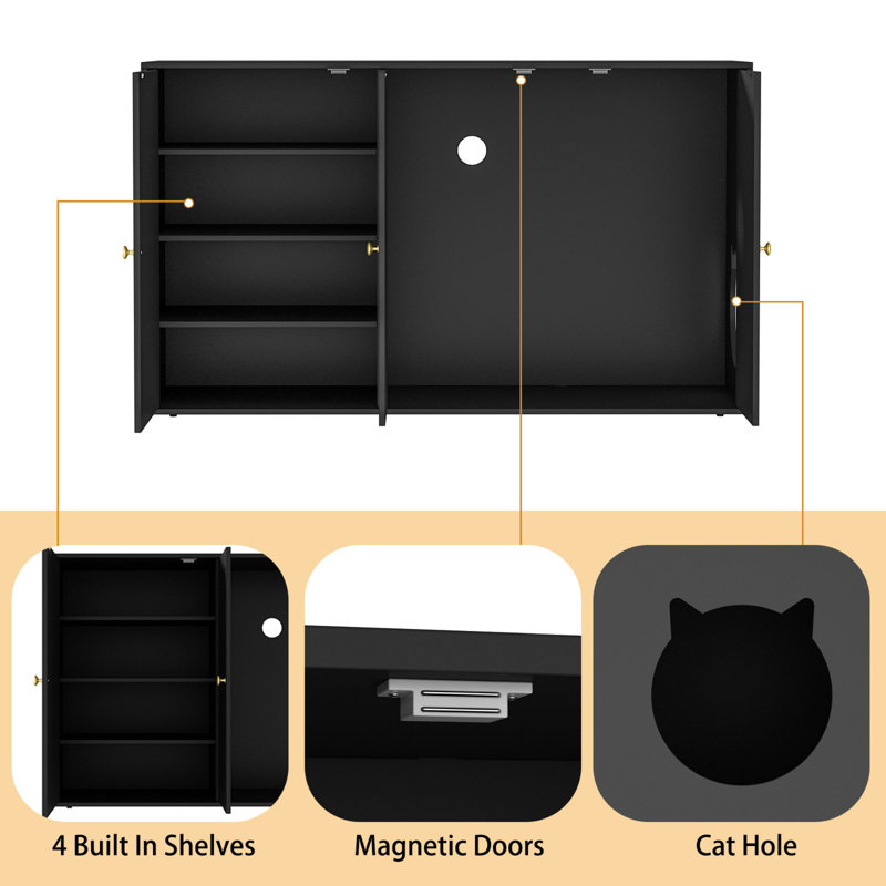 Tucker Murphy Pet™ Black Three Door Cat Litter Box Enclosure With 4 Shelves Wayfair